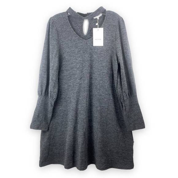 NWT RETHM Grey Swing Dress with Balloon Sleeve and Cut Out Mock Neck. Sz Large - Picture 1 of 9